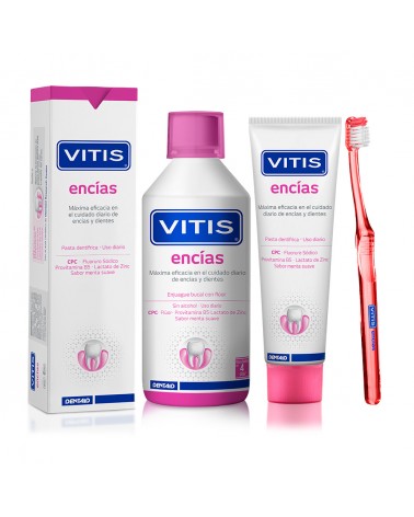 Pack Encías máximo ahorro: Pasta VITIS® encías 100ml y Enjuague bucal VITIS® encías 500ml  + Cepillo VITIS® encías de regalo